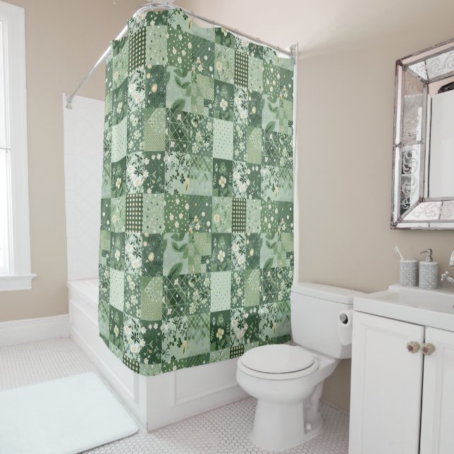 Green Patchwork Quilt Rustic Retro Floral  Shower Curtain (In Situ)