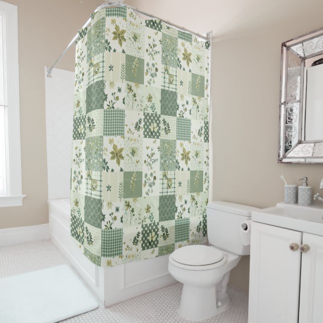 Green Patchwork Quilt Rustic Retro Floral  Shower Curtain (In Situ)