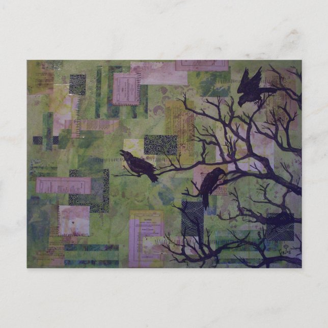 Green Patchwork Ravens mixed media postcard (Front)