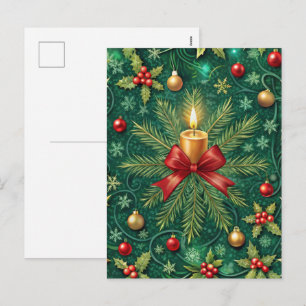 Green Pattern Gold Candle Poinsettia Flower Holiday Postcard