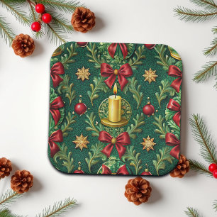 Green Pattern Gold Candle Poinsettia Flower Paper Plate