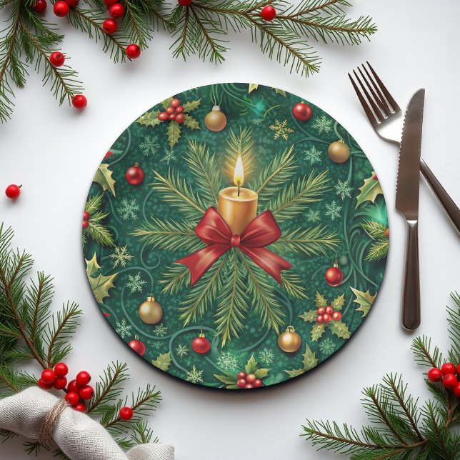 Green Pattern Gold Candle Poinsettia Flower Paper Plate (Creator Uploaded)