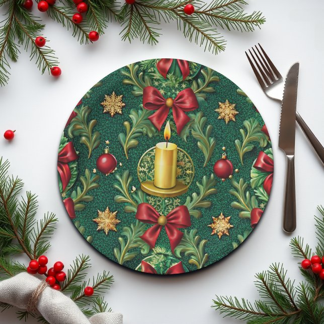 Green Pattern Gold Candle Poinsettia Flower Paper Plate (Creator Uploaded)