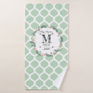 Green Pattern Merry Christmas Wreath Monogram Bath Towel Set
