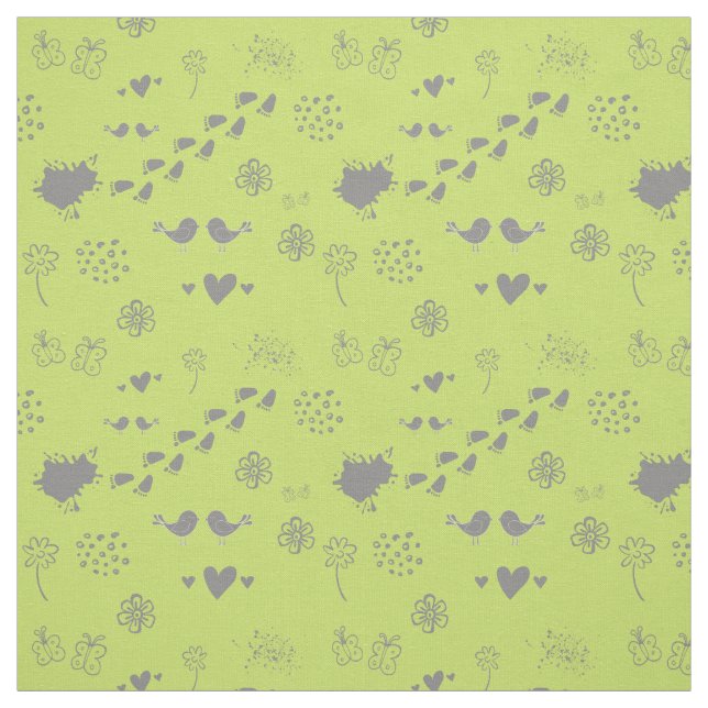 green pattern of birds, dots, footsteps, butterfly fabric (Swatch)