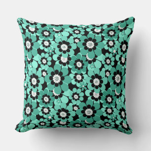 Green pattern of retro daisies is plain cushion