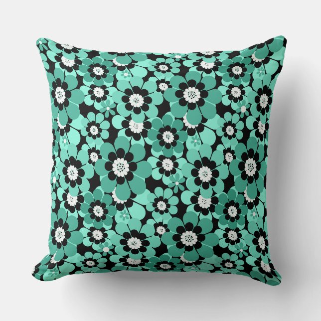 Green pattern of retro daisies is plain cushion (Front)