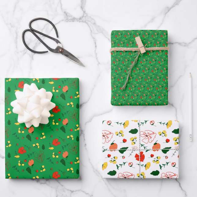 Green pattern red orange wildflower wrapping paper (Front)
