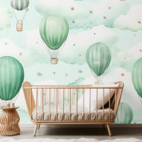 Green Pattern with Clouds and Hot Air Balloons