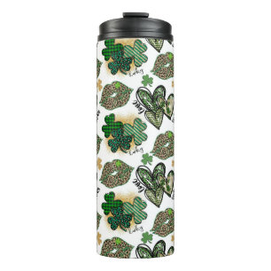 GREEN PATTERNED IRISH HEARTS LIPS AND SHAMROCKS THERMAL TUMBLER