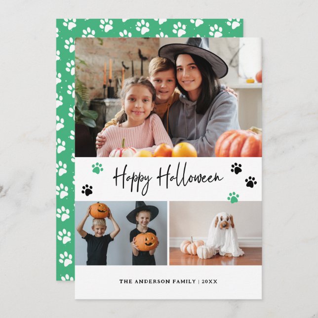 Green Paw Print Pet Photo Happy Halloween Holiday Card (Front/Back)
