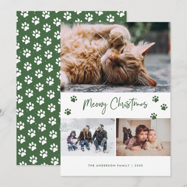 Green Paw Print Photo Collage Meowy Christmas Pet Holiday Card (Front/Back)