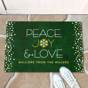 Green Peace Joy Love Christmas Modern Snowflake Doormat