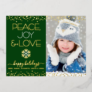 Green Peace Joy Love Photo Snowflake Real Gold Foil Holiday Postcard