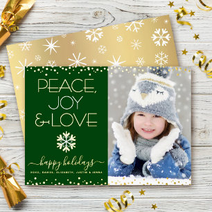 Green Peace Joy Love Photo Snowflakes Real Gold Foil Holiday Card