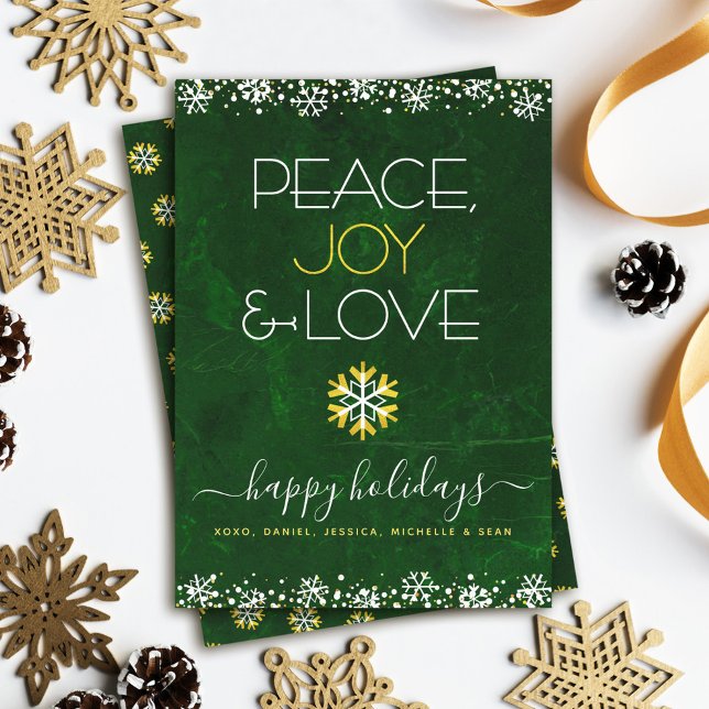 Green Peace Joy Love Snowflake Typography Bold Holiday Card (Creator Uploaded)
