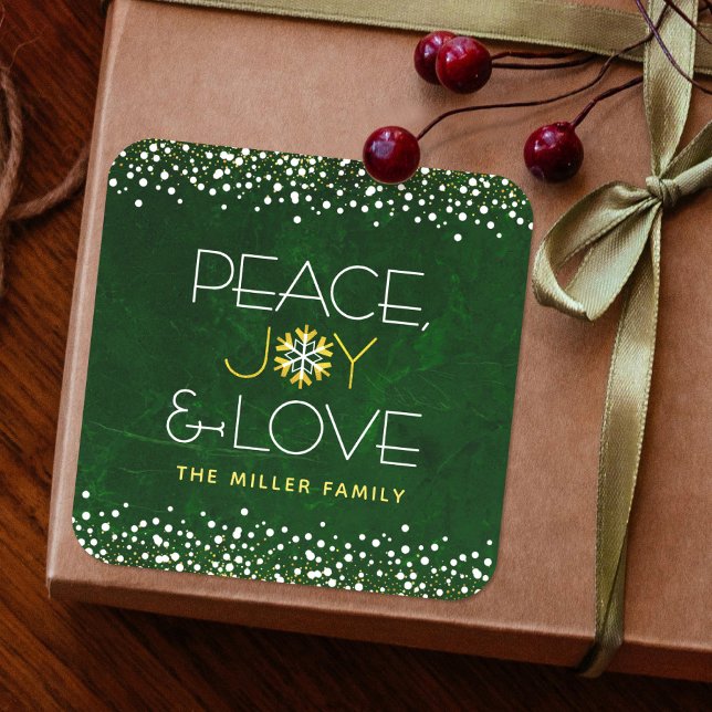Green Peace Joy Love Snowflake Typography Holiday Square Sticker (Creator Uploaded)