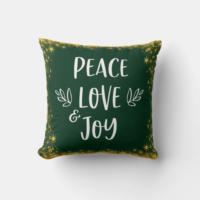 Green Peace Love Joy Gold Glitter Script Stars  Cushion (Front)