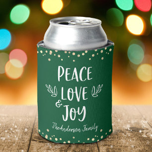 Green Peace Love Joy Modern Typography Gold Dots Can Cooler