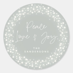 Green Peace Love+Joy Sparkling Lights Christmas Classic Round Sticker