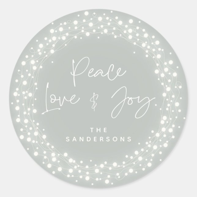 Green Peace Love+Joy Sparkling Lights Christmas Classic Round Sticker (Front)