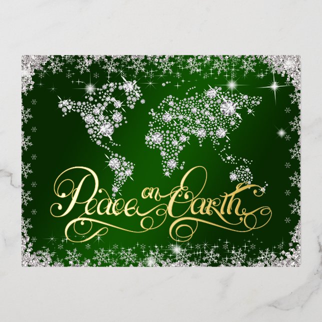 Green Peace on Earth Emerald and Diamonds Foil Holiday Postcard (Front)