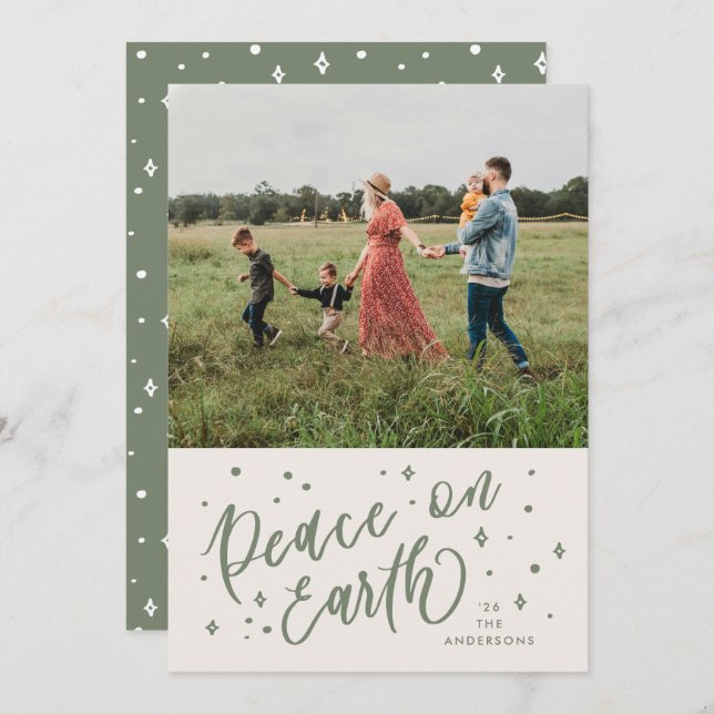 Green Peace on Earth Lettering Christmas Photo Holiday Card (Front/Back)