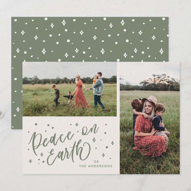 Green Peace on Earth Lettering Christmas Two Photo Holiday Card (Front/Back)