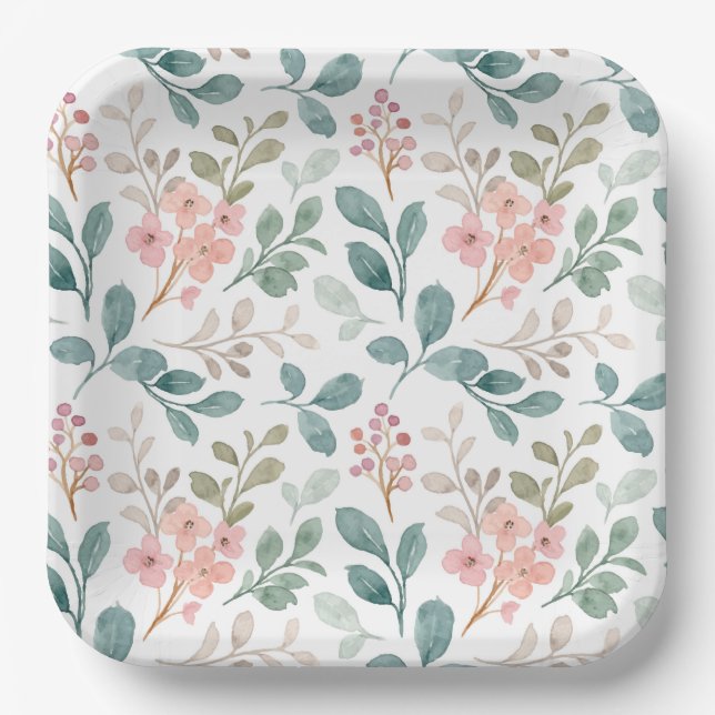 Green Peach Floral Paper Plate (Front)