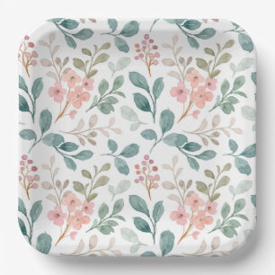 Green Peach Floral Paper Plates, Botanical Party Plate