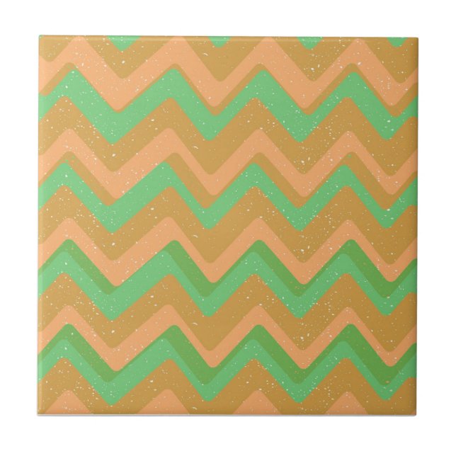 Green Peach Geometric Chevron Zig Zag Pattern Ceramic Tile (Front)