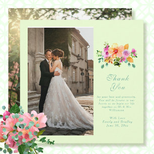 Green Peach Pink Floral Photo Script Thank You Invitation