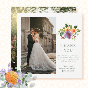 Green Peach Purple Floral Photo Wedding Thank You Invitation