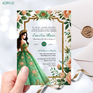 Green Peach Quinceañera Emerald Dress Mis Quince Acrylic Invitations