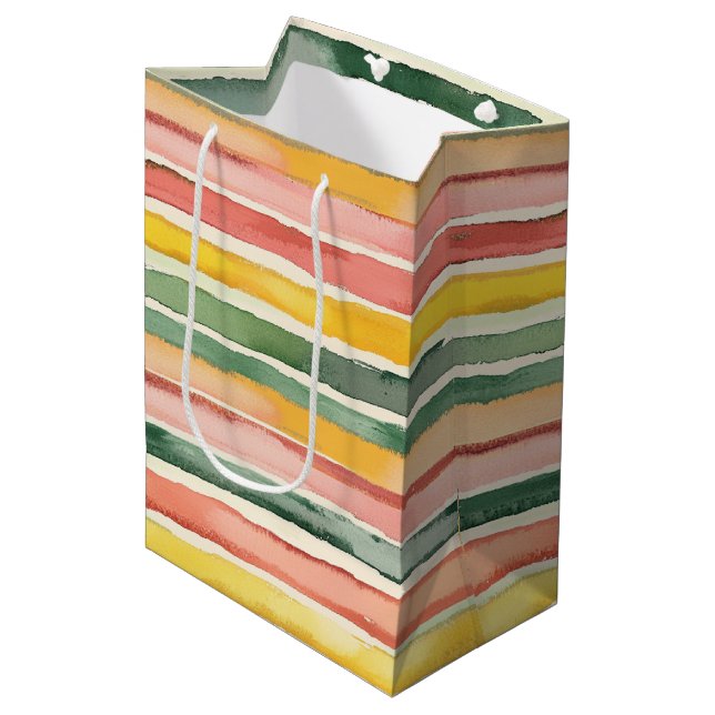 Green Peach Rose Red Yellow Stripes Birthday Medium Gift Bag (Front Angled)