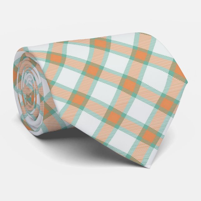 Green Peach Tartan Plaid Tie (Rolled)