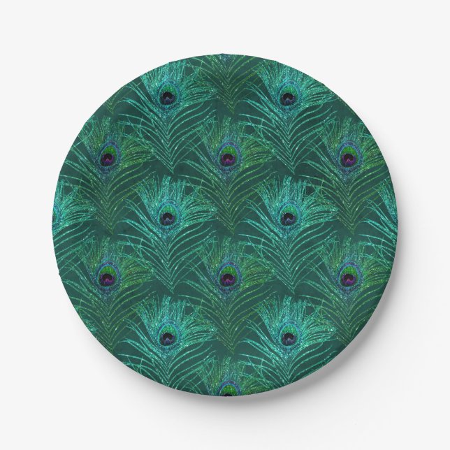 Green peacock feather pattern from bird peacock paper plate (Front)