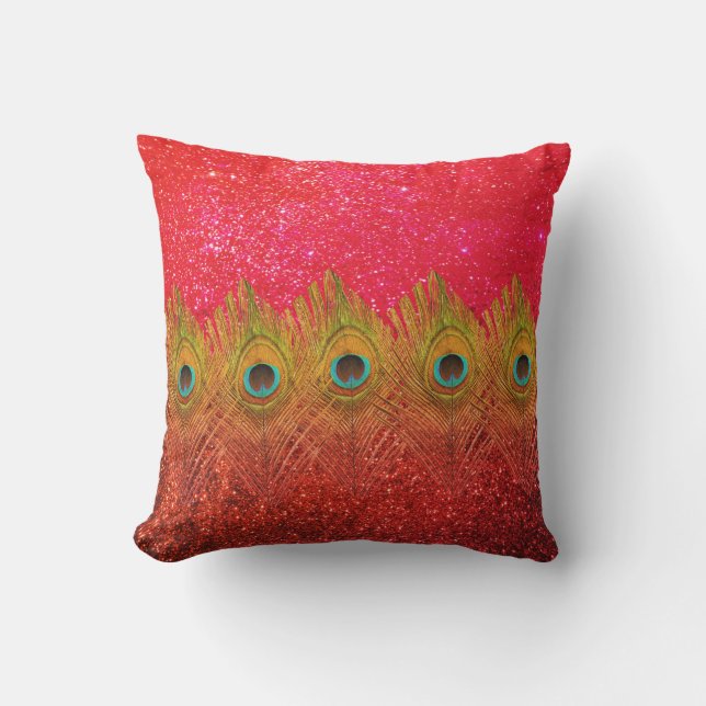 Green Peacock Feathers Glittery Red Colourful Cute Cushion (Front)