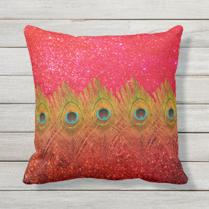 Green Peacock Feathers Glittery Red Colourful Cute Cushion