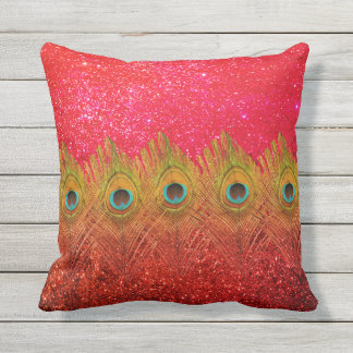 Green Peacock Feathers Glittery Red Colourful Cute Cushion