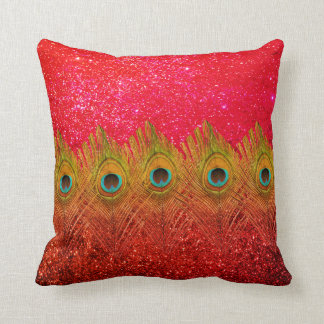 Green Peacock Feathers Glittery Red Colourful Cute Cushion