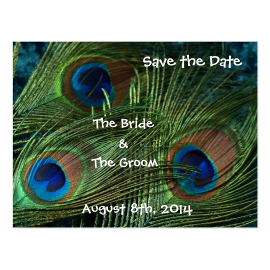 Green Peacock Feathers Save the Date Postcard