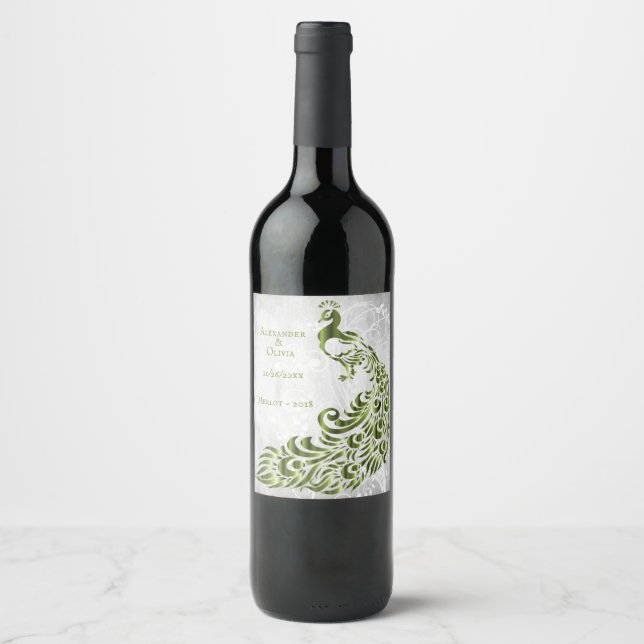 Green Peacock Leaf Vine Wedding Wine Label (Front)