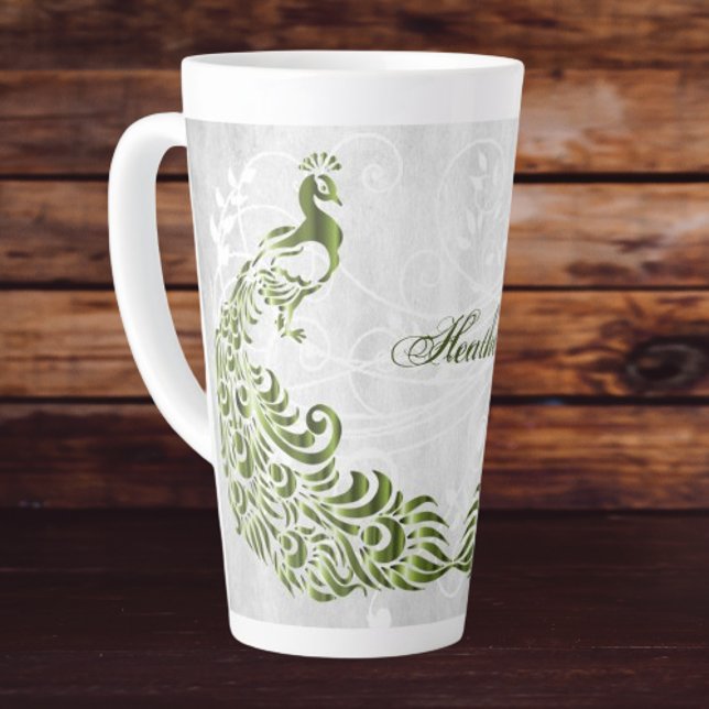Green Peacock Personalised Latte Mug (Green Peacock Personalized Latte Mug)