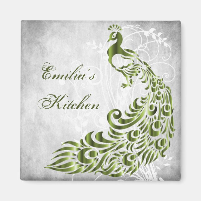Green Peacock Personalised Magnet (Front)