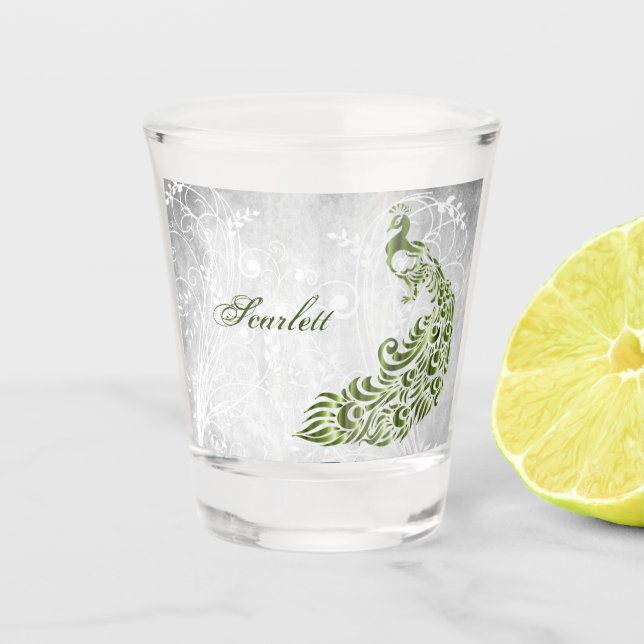 Green Peacock Personalised Shot glass (Front)