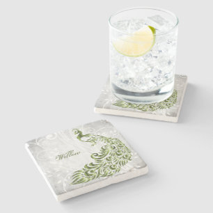 Green Peacock Personalised Stone Coaster