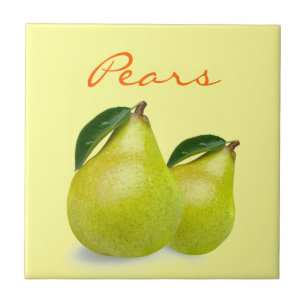 Green Pear Fruit with Leaves Wording on Yellow Ceramic Tile