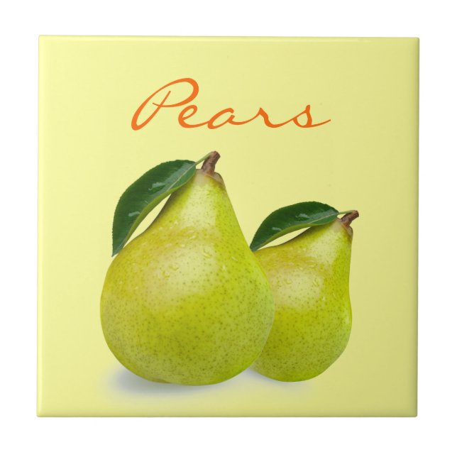 Green Pear Fruit with Leaves Wording on Yellow Ceramic Tile (Front)