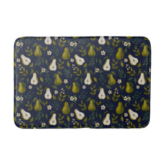 Green Pear Watercolor Pattern on Dark Blue  Bath Mat